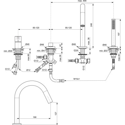 Ideal Standard Joy vonios maišytuvas, montuojamas į kraštą, 4-ių dalių BC789, PVD spalvos