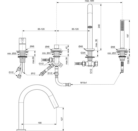 Ideal Standard Joy vonios maišytuvas, montuojamas į kraštą, 4-ių dalių BC789, PVD spalvos