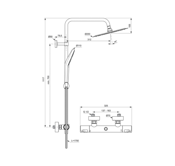 Ideal Standard CERATHERM T50 (A7565AA) termostatinė dušo sistema, chromo spalvos