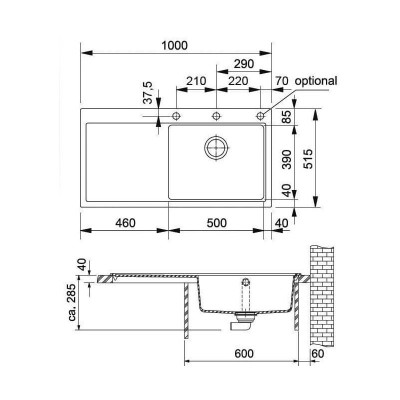 Franke MTG 611 plautuvė, dubuo dešinėje, montuojama ant stalviršio, eksentrinis ventilis, nerūdijančio plieno mygtukas