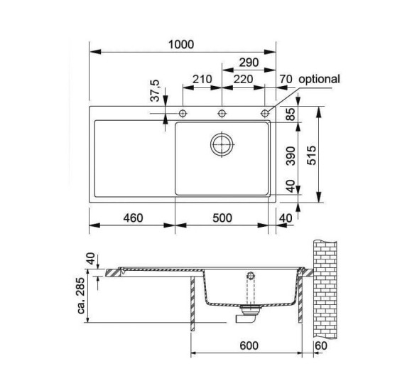 Franke MTG 611 plautuvė, dubuo dešinėje, montuojama ant stalviršio, eksentrinis ventilis, nerūdijančio plieno mygtukas