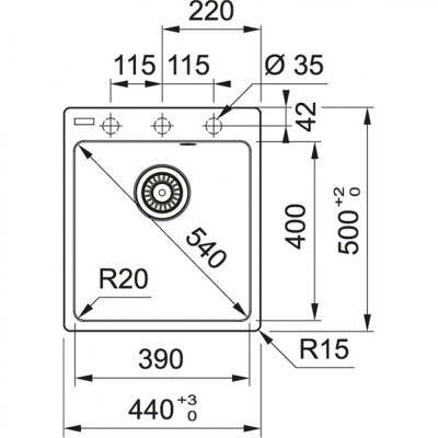 Franke MRG 610-39 A plautuvė, montuojama ant stalviršio, eksentrinis ventilis, nerūdijančio plieno mygtukas ir perlaja