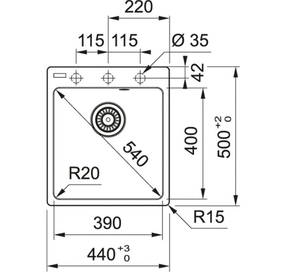 Franke MRG 610-39 A plautuvė, montuojama ant stalviršio, eksentrinis ventilis, nerūdijančio plieno mygtukas ir perlaja