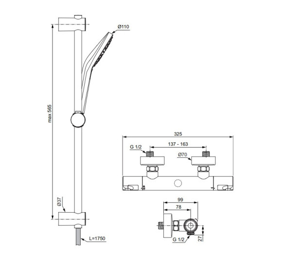 Ideal Standard CERATHERM T50 (A7217AA) termostatinė dušo sistema, chromo spalvos