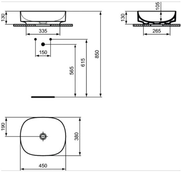 Ideal Standard Linda-X praustuvas montuojamas ant stalviršio 450x380x155 mm, be persipylimo