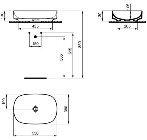 Ideal Standard Linda-X praustuvas montuojamas ant stalviršio 55 cm (550x380x130) mm, be persipylimo