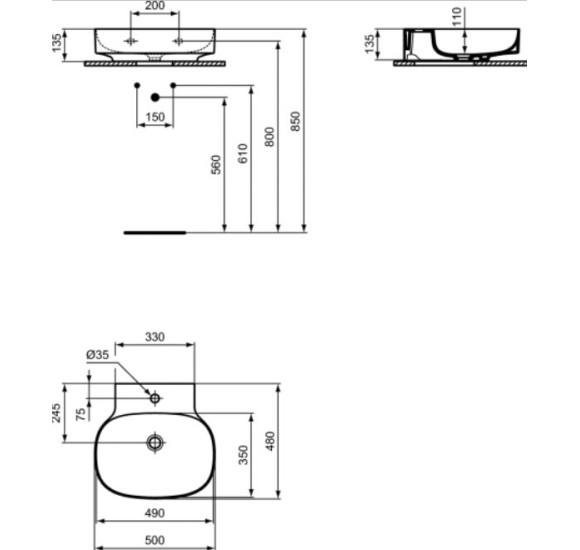 Ideal Standard Linda-X praustuvas 50 cm (500 x 480 x 135), šlifuota apačia, balta