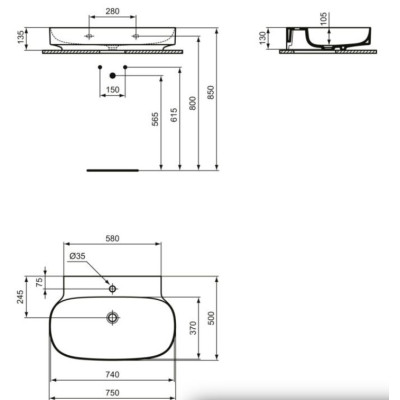 Ideal Standard Linda-X praustuvas 75 cm (750x500x135), šlifuota apačia, balta