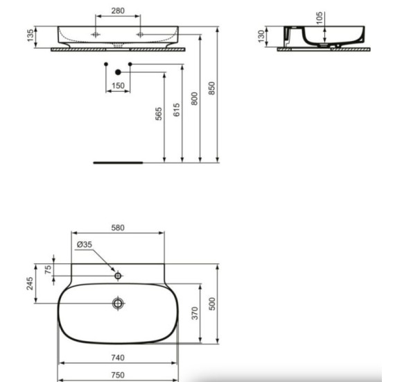 Ideal Standard Linda-X praustuvas 75 cm (750x500x135), šlifuota apačia, balta