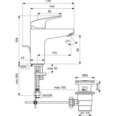 Ideal Standard CERAFLEX praustuvo maišytuvas, su dugno vožtuvu (5l/min), chromas, B1712AA