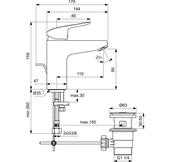 Ideal Standard CERAFLEX praustuvo maišytuvas, su dugno vožtuvu (5l/min), chromas, B1712AA