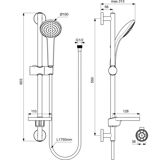 Ideal Standard universalus dušo komplektas, 600 mm, Metal žarna 1750mm, B9412AA