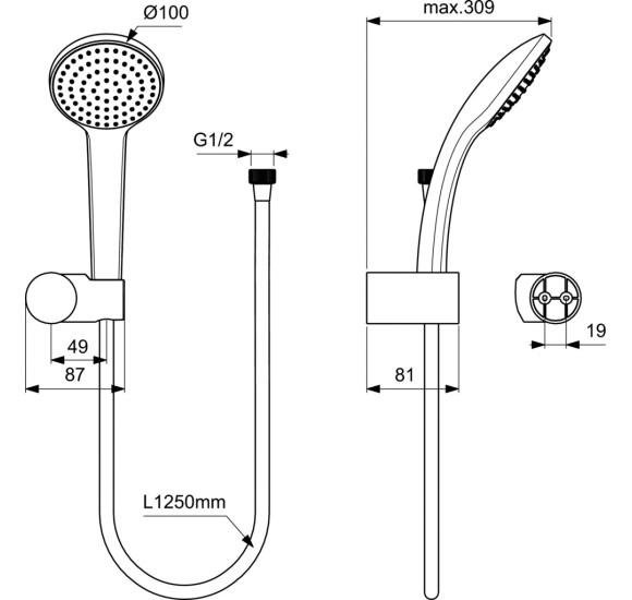 Ideal Standard Idealrain Soft 100 mm dušo komplektas su žarnele 1250 mm, chromas, B9451AA