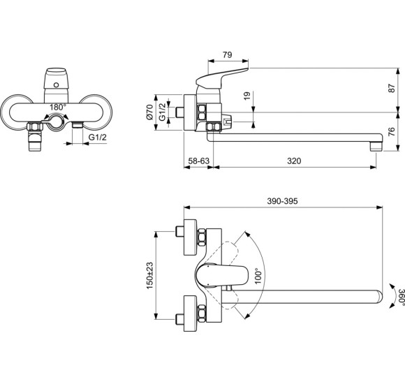 Ideal Standard CERAFLEX vonios/dušo maišytuvas su ilgu snapu - 320 mm, B1741AA
