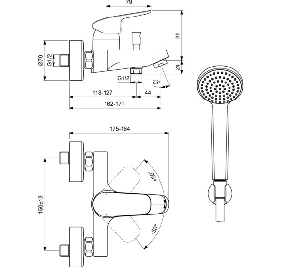 Ideal Standard CERAFLEX  vonios/dušo maišytuvas su dušo galvutės komplektu, B1722AA