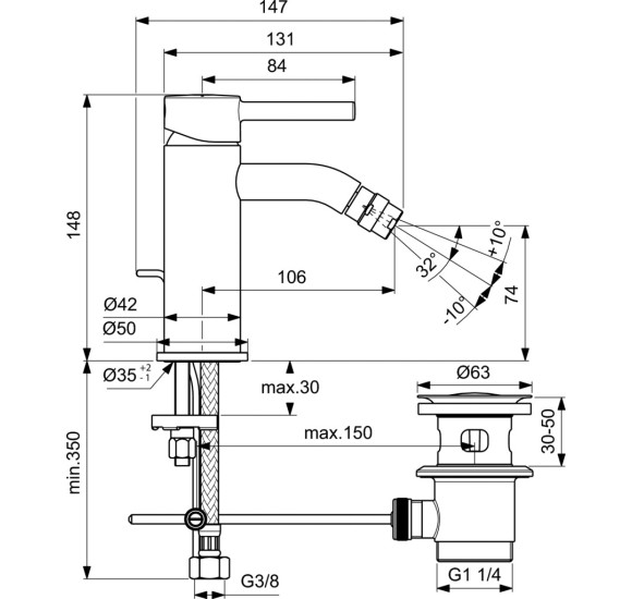 Ideal Standard Ceraline bide maišytuvas su dugno vožtuvu (chromo blizgi sp.)