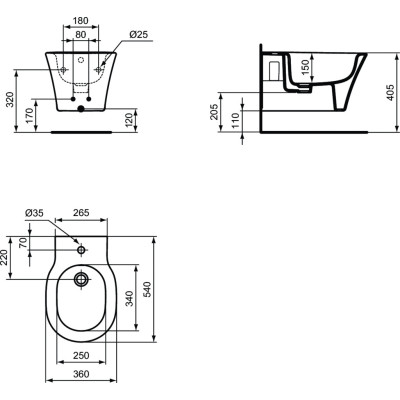 Ideal Standard Connect Air pakabinamas juodas bide 360x540mm