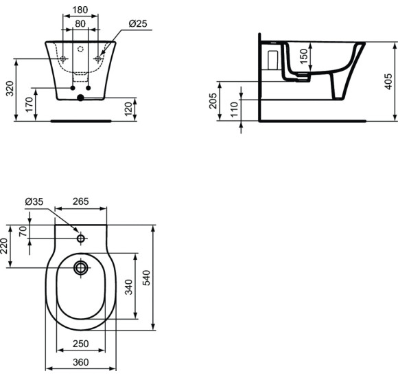 Ideal Standard Connect Air pakabinamas juodas bide 360x540mm
