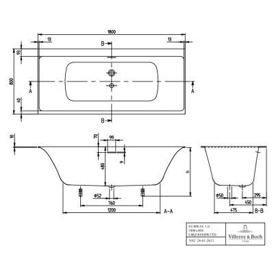 Villeroy&Boch Subway 3.0 Duo stačiakampė vonia, 1800 x 800 mm su vandenį pripildančiu sifonu