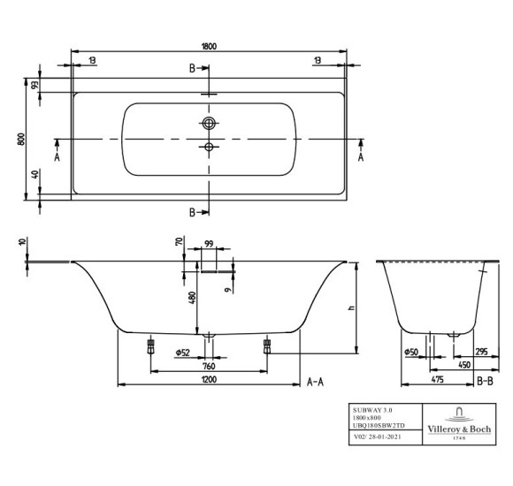 Villeroy&Boch Subway 3.0 Duo stačiakampė vonia, 1800 x 800 mm su vandenį pripildančiu sifonu