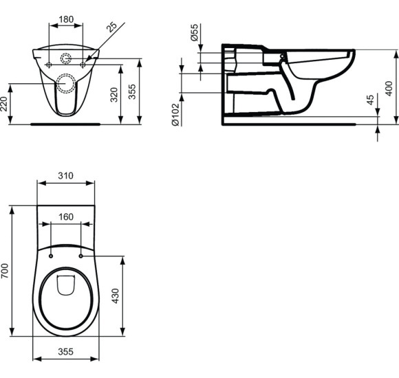 Ideal Standard Contour 21 pakabinamas wc, 70 cm