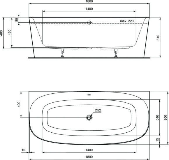 Ideal Standard Dea prie sienos statoma balta vonia 180x80 cm, T9940V1