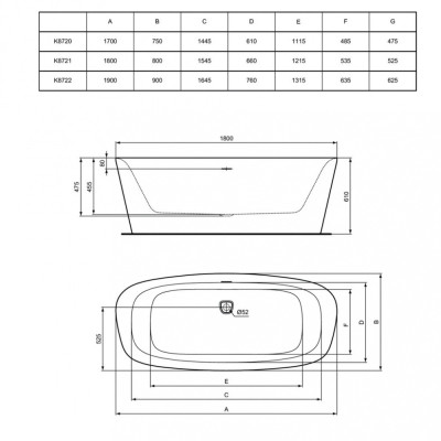 Ideal Standard Dea laisvai pastatoma vonia baltas vidus, juodi šonai, K8720V3