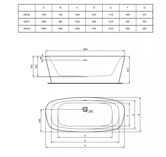 Ideal Standard Dea laisvai pastatoma vonia baltas vidus, juodi šonai, K8720V3