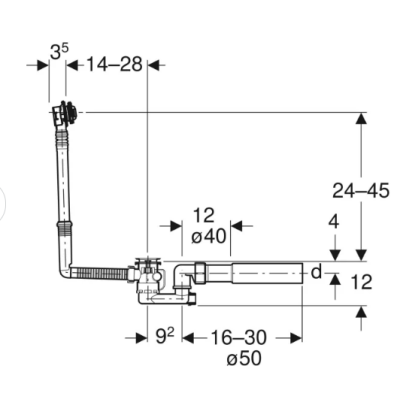 Geberit vonios sifonas, su pasukamąja rankena, d52, 26 cm ilgio, su baigiamojo montavimo dalių rinkiniu