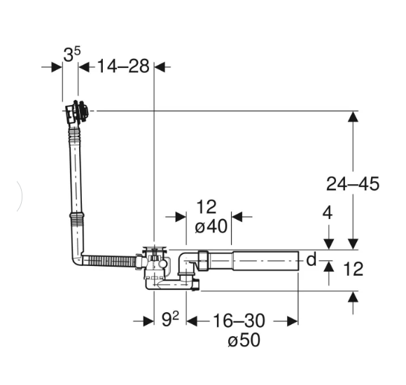 Geberit vonios sifonas, su pasukamąja rankena, d52, 26 cm ilgio, su baigiamojo montavimo dalių rinkiniu
