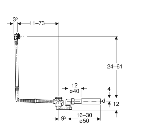 Geberit vonios sifonas su pasukamąja rankena, d52, 73 cm ilgio