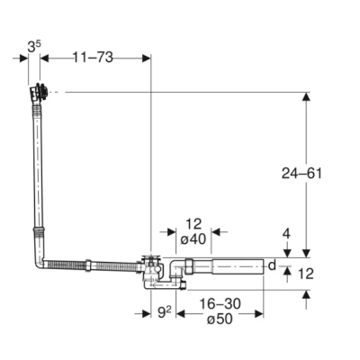 Geberit vonios sifonas, su pasukamąja rankena, d52, 73 cm ilgio, su baigiamojo montavimo dalių rinkiniu