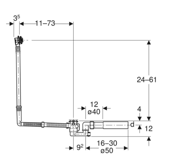 Geberit vonios sifonas, su pasukamąja rankena, d52, 73 cm ilgio, su baigiamojo montavimo dalių rinkiniu