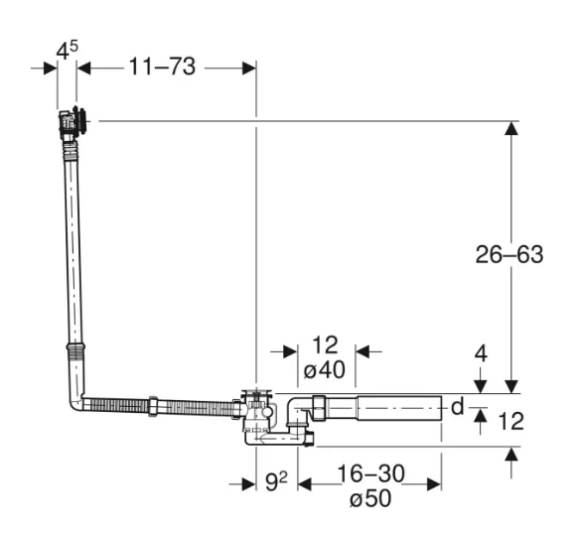 Geberit vonios sifonas su pasukamąja rankena ir įleidimo funkcija, d52, 73 cm, su baigiamojo montavimo dalių rinkiniu