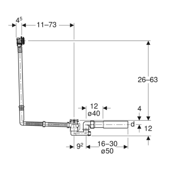 Geberit vonios sifonas su pasukamąja rankena ir vandens įleidimo funkcija, d52, 73 cm ilgio