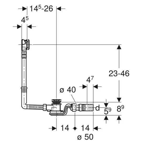 Geberit vonios sifonas su PushControl uždarymo paspaudimu funkcija d52 ir montavimo dalių rinkiniu