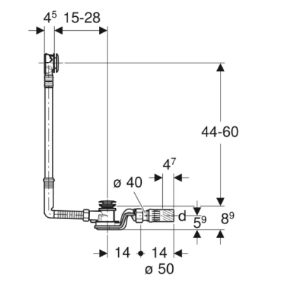 Geberit vonios sifonas su PushControl uždarymo paspaudimu funkcija d52, aukštis 60 cm, su montavimo dalių rinkiniu