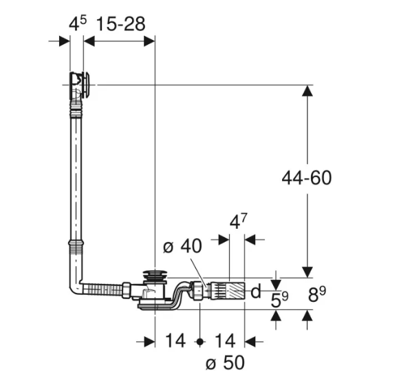 Geberit vonios sifonas su PushControl uždarymo paspaudimu funkcija d52, aukštis 60 cm, su montavimo dalių rinkiniu