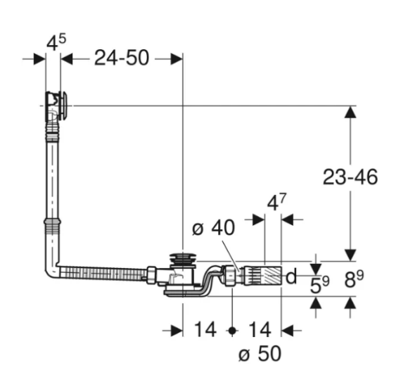 Geberit vonios sifonas su PushControl uždarymo paspaudimu funkcija d52, ilgis 50 cm, su montavimo dalių rinkiniu