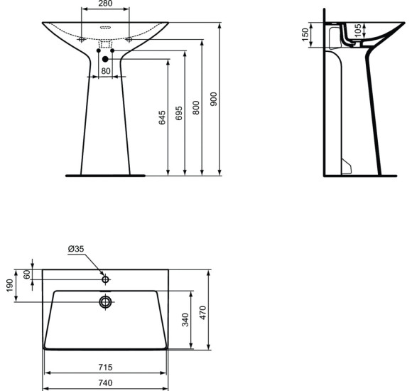 Ideal Standard Zippo - Z prie sienos pastatomas praustuvas  74x47