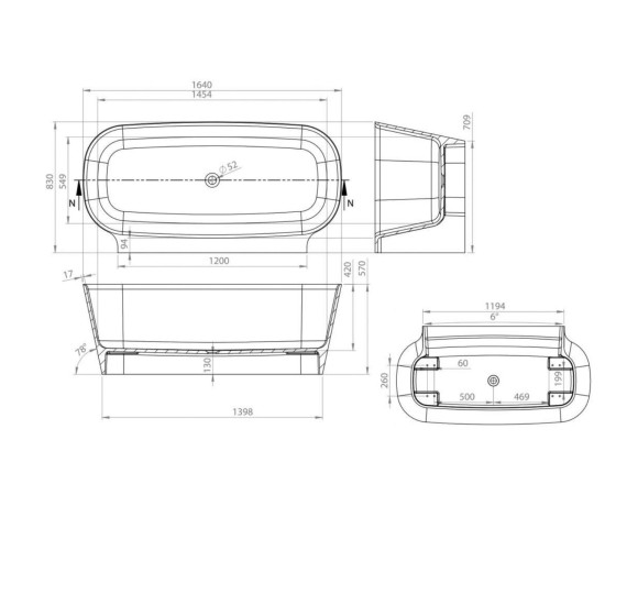 Akmens masės vonia VAYER NOVA 2 1640X830 balta su click-clack chromo sifonu, be persipylimo