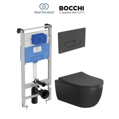 Bocchi V-Tondo pakabinamo klozeto ir Ideal Standard WC rėmo komplektas 3in1, juodos matinės spalvos