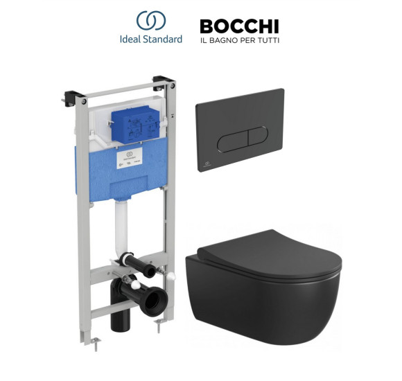 Bocchi V-Tondo pakabinamo klozeto ir Ideal Standard WC rėmo komplektas 3in1, juodos matinės spalvos