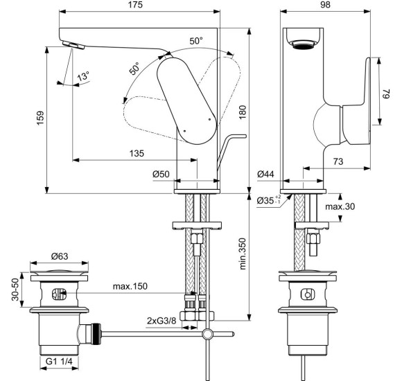 Ideal Standard CERAFINE O aukštas praustuvo maišytuvas, su metaliniu dugno vožtuvu BC703XG