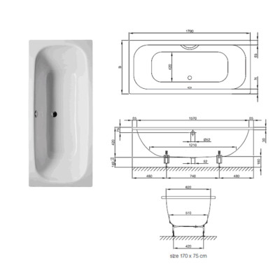 BETTE Duett stačiakampė, plieninė vonia 170x75cm