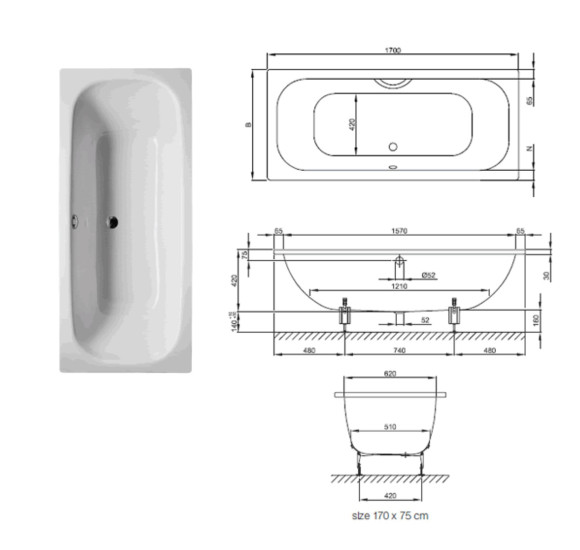 BETTE Duett stačiakampė, plieninė vonia 170x75cm