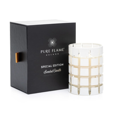 Ypatingai kvepianti žvakė PURE FLAME Deluxe ENCENS BOIS PRÉCIEUX CRYSTAL WHITE EDITION, 350g