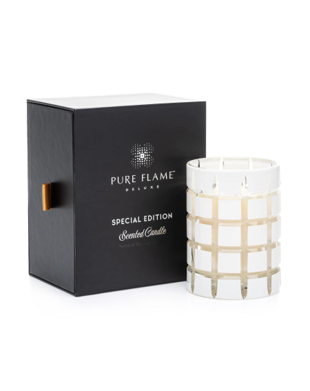 Ypatingai kvepianti žvakė PURE FLAME Deluxe ENCENS BOIS PRÉCIEUX CRYSTAL WHITE EDITION, 350g