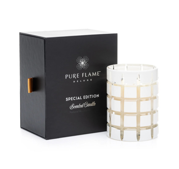Ypatingai kvepianti žvakė PURE FLAME Deluxe ENCENS BOIS PRÉCIEUX CRYSTAL WHITE EDITION, 350g