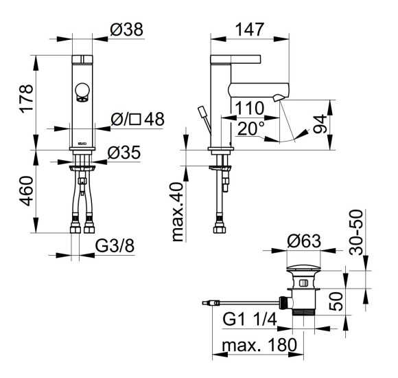 Keuco IXMO Pure 100 praustuvo maišytuvas  su dugno vožtuvu (pasirenkamos spalvos)